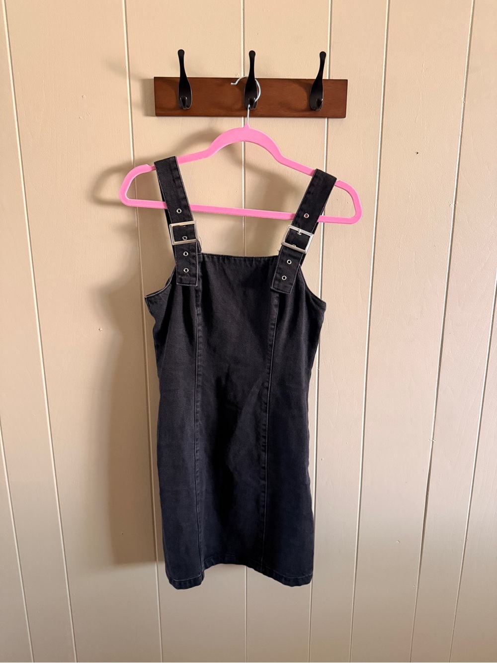 Black Mini Denim Dress with Buckle Straps
